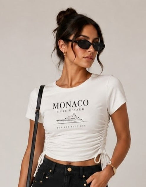 Box Box Boutique Women's Drawstring Crop T-Shirt – Monaco Essential, Viscose Spandex