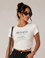 Box Box Boutique Women's Drawstring Crop T-Shirt – Monaco Essential, Viscose Spandex
