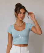 Box Box Boutique Women's Slim Cap Sleeve Crop T-Shirt – Monaco, Rayon Spandex