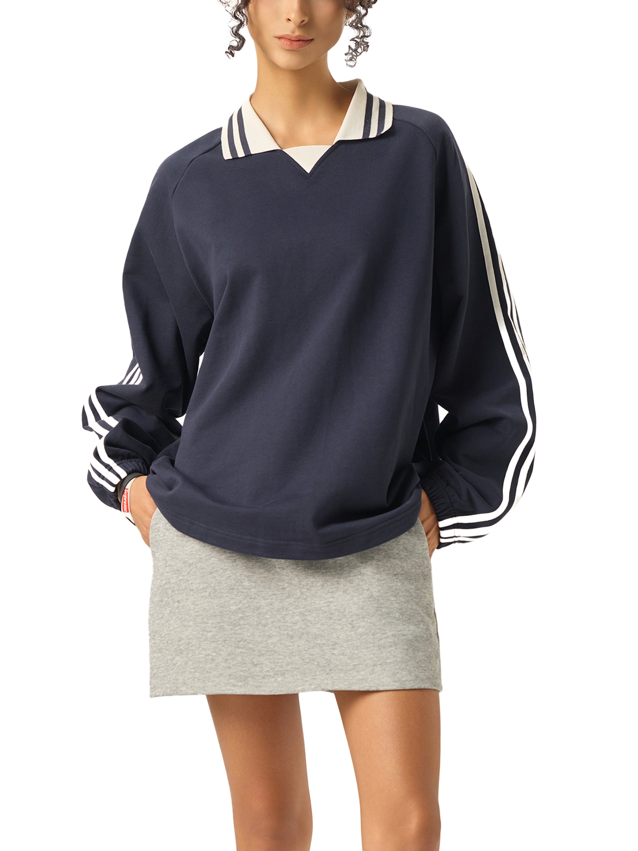 Oversized Contrast Striped Lapel Collar Sweatshirt