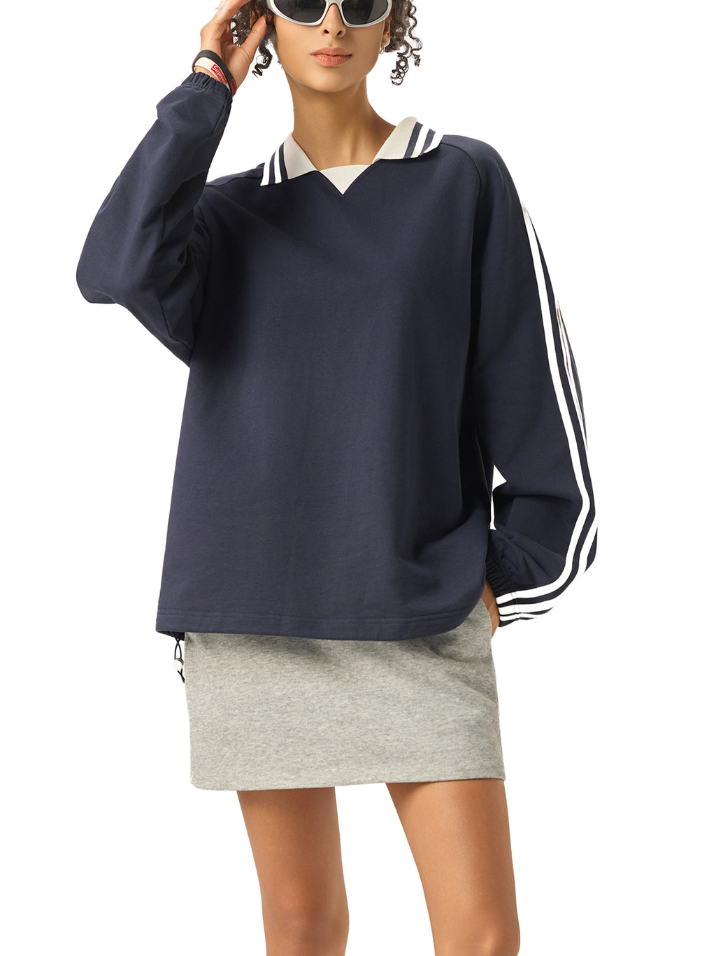 Oversized Contrast Striped Lapel Collar Sweatshirt