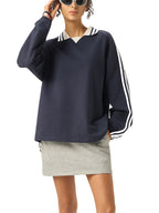 Oversized Contrast Striped Lapel Collar Sweatshirt