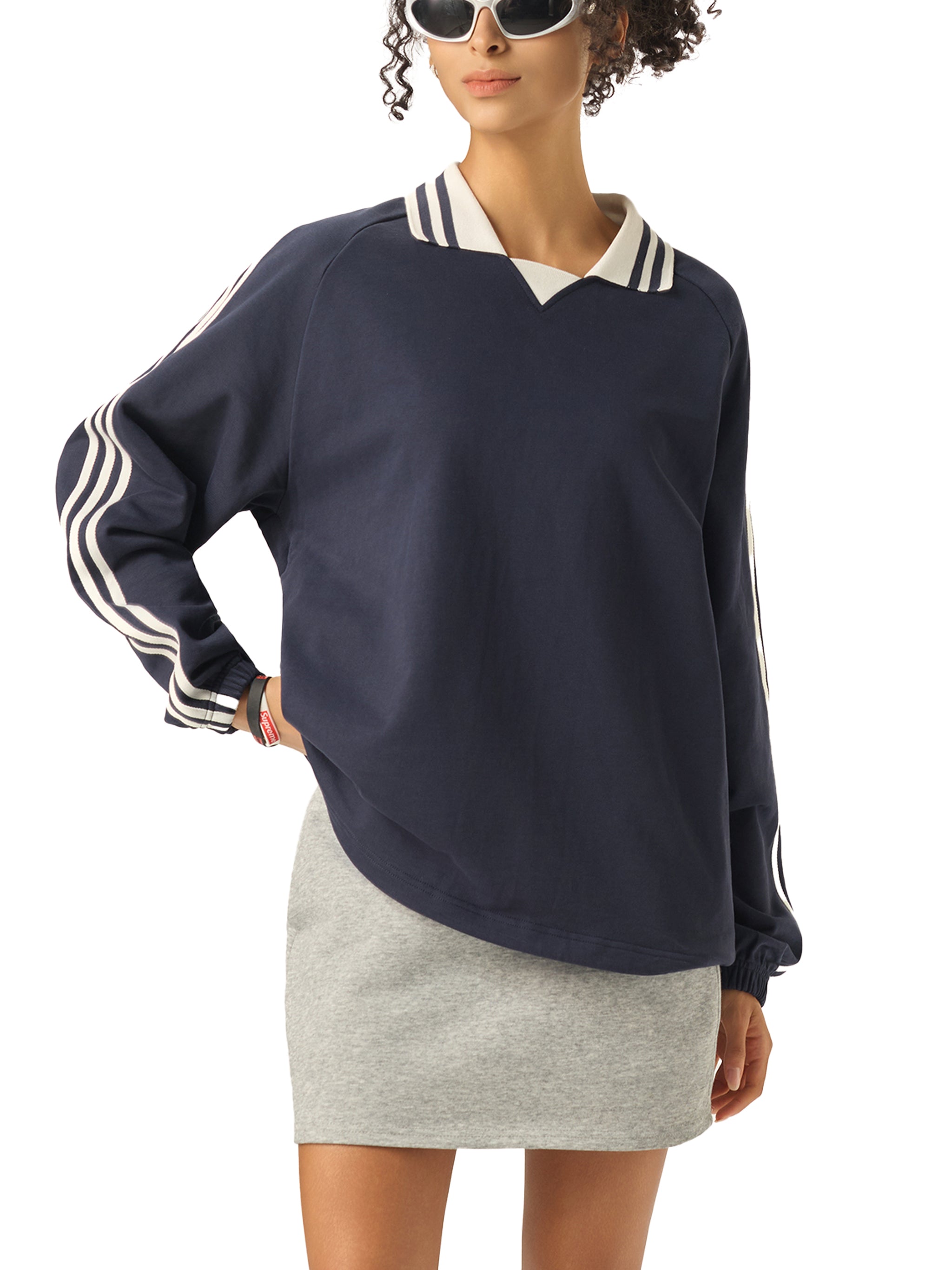 Oversized Contrast Striped Lapel Collar Sweatshirt