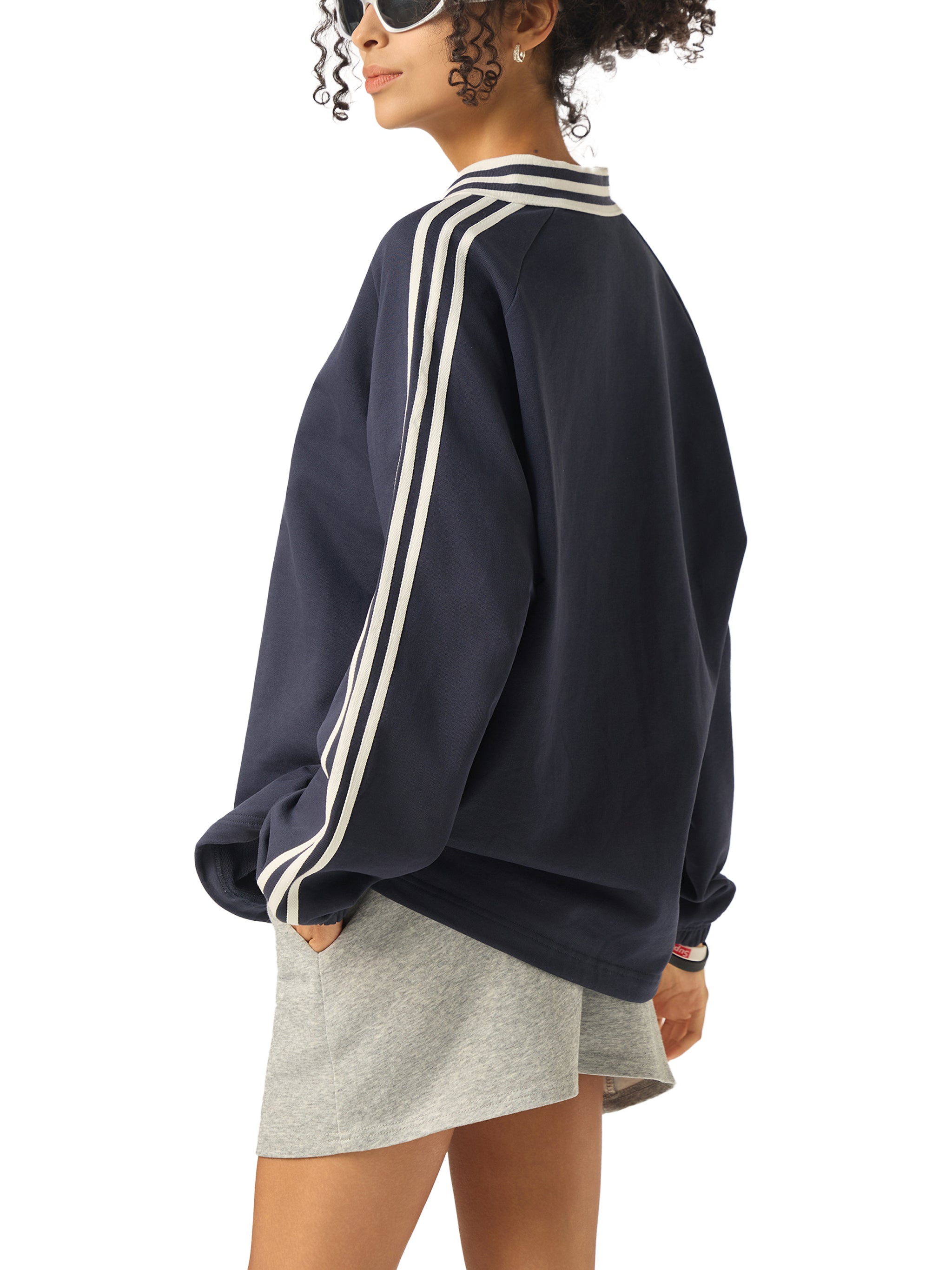 Oversized Contrast Striped Lapel Collar Sweatshirt